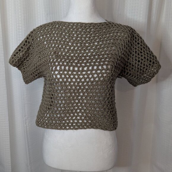 Handmade Cropped Crochet Boatneck Top, Size S/M, Army Green - Picture 1 of 6